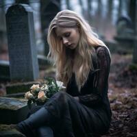 a woman sitting in a cemetery holding a bouquet of flowers generative ai photo