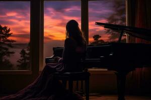 un mujer sentado a un piano en frente de un ventana generativo ai foto