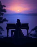 a woman sitting at a piano in front of a sunset generative ai photo