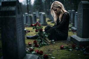 un mujer sentado en un cementerio participación un ramo de flores de rojo rosas generativo ai foto