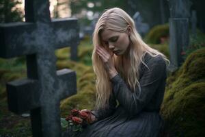 a woman sitting in a cemetery with a rose in her hand generative ai photo