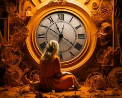 a woman sitting in front of a large clock generative ai photo