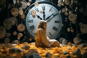 a woman sitting in front of a large clock generative ai photo