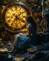 a woman sitting in front of an old clock generative ai photo