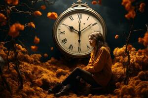 a woman sitting in front of an old clock generative ai photo