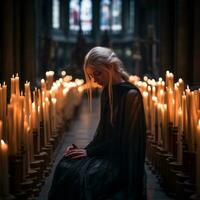 a woman sitting in front of candles in a church generative ai photo