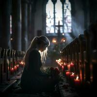 a woman sitting in the middle of a church with candles generative ai photo
