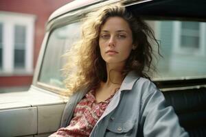 a woman sitting in the back seat of an old car generative ai photo