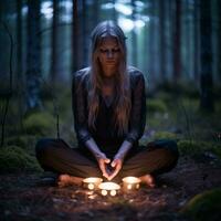 un mujer sentado en el medio de un bosque con velas generativo ai foto