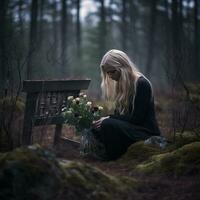 un mujer sentado en el bosque participación flores generativo ai foto