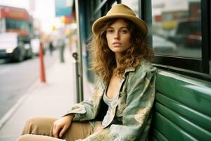 a woman sitting on a bench wearing a hat generative ai photo