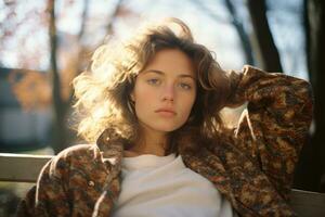 a woman sitting on a bench photo