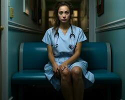 a woman sitting on a blue bench with a stethoscope around her neck generative ai photo