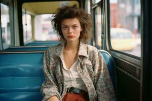 a woman sitting on a bus wearing a jacket generative ai photo