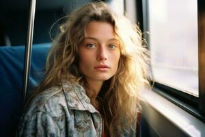 a woman sitting on a bus looking out the window generative ai photo
