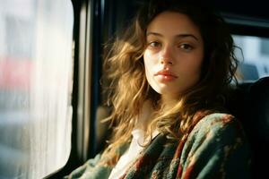 a woman sitting on a bus looking out the window generative ai photo