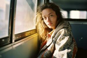 a woman sitting on a bus looking out the window generative ai photo