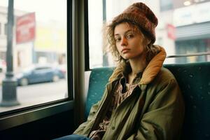 a woman sitting on a bus wearing a beanie generative ai photo
