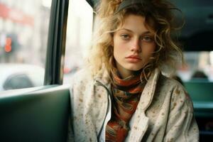 a woman sitting on a bus with her eyes closed generative ai photo