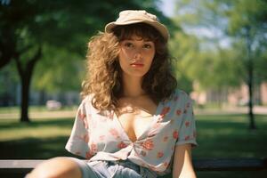 a woman sitting on a park bench wearing a hat generative ai photo