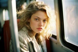 un mujer sentado en un tren mirando fuera el ventana generativo ai foto