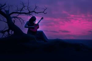 a woman sitting on a tree with a guitar in front of a purple sky generative ai photo