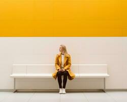 un mujer sentado en un blanco banco en frente de un amarillo pared generativo ai foto