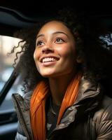 a woman smiling in a car generative ai photo