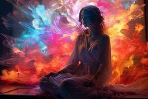 a woman sitting on the floor in front of colorful flames generative ai photo