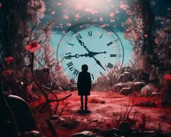 a woman standing in front of a clock in a dark forest generative ai photo