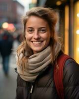 un mujer sonriente en un ciudad calle generativo ai foto