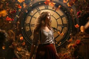 a woman standing in front of a large clock generative ai photo