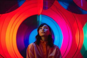 a woman standing in front of colorful lights generative ai photo