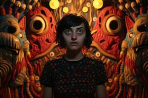 a woman standing in front of a wall of colorful art generative ai photo