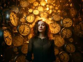 a woman standing in front of a wall of clocks generative ai photo