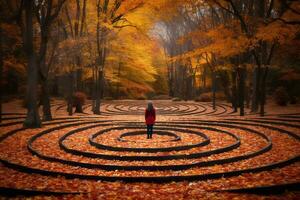 a woman standing in the middle of a maze surrounded by autumn leaves generative ai photo