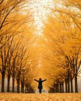 un mujer en pie en el medio de un otoño árbol forrado la carretera generativo ai foto