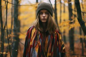 un mujer en pie en el medio de un bosque vistiendo un vistoso bufanda generativo ai foto