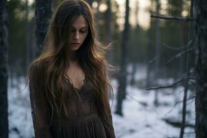 un mujer en pie en el bosque con largo pelo generativo ai foto