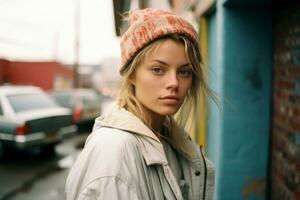 a woman wearing a beanie and jacket standing in front of a building generative ai photo