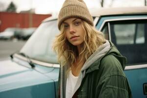 a woman wearing a beanie and jacket standing next to a blue car generative ai photo