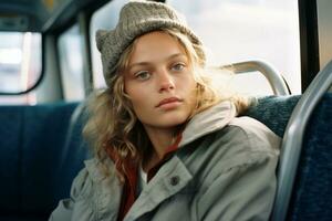 a woman wearing a beanie sitting on a bus generative ai photo