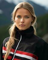 a woman wearing a black and red jacket generative ai photo
