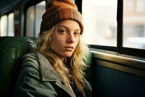 a woman wearing a beanie sitting on a bus generative ai photo