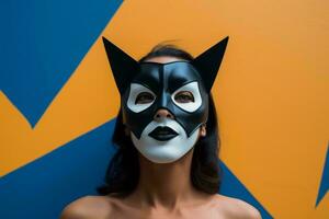 a woman wearing a black and white cat mask generative ai photo