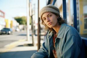 a woman wearing a beanie sitting on the side of a street generative ai photo