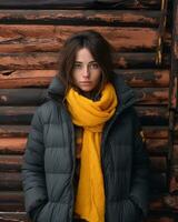 a woman wearing a black jacket and a yellow scarf generative ai photo