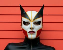 a woman wearing a cat mask on a red wall generative ai photo