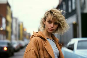 a woman wearing a brown coat standing on the side of a street generative ai photo