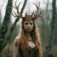 un mujer vistiendo un ciervo tocado en el bosque generativo ai foto